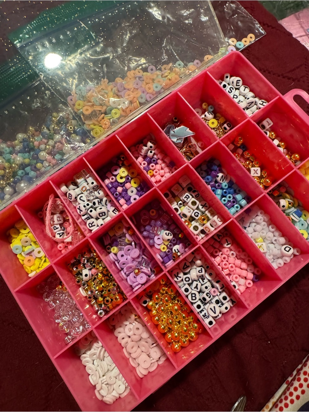 Bead Organizer with Assorted Pink, Purple, White & Gold Beads and letters